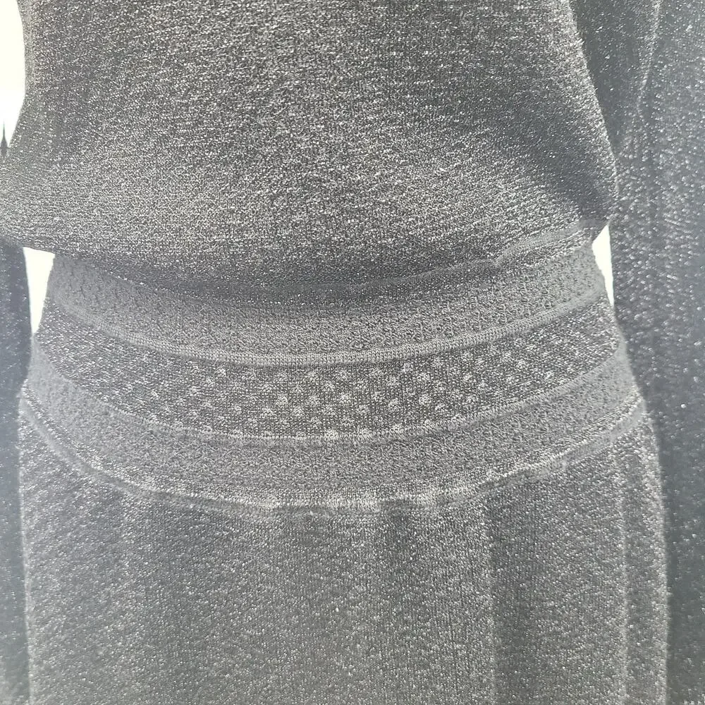 Tory Burch Black Isabelle Wool Knit Dress XS Sweater Semi Sheer Ruffle Neck‎
